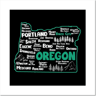 Cute map of Baker City Oregon, Portland, Salem, Eugene, Springfield, Bend, Ontario, Medford Posters and Art